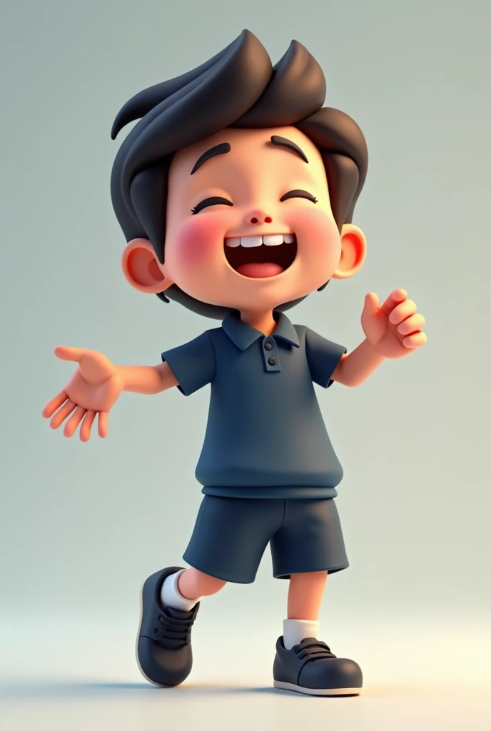 A cartoon boy wearing a dark blue short-sleeved school uniform and dark blue short pants is laughing heartily. 3D, facing forward.