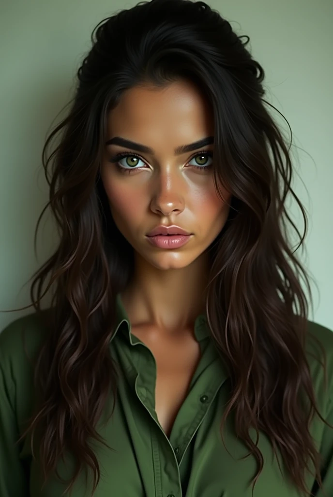 30 year old girl, Her long hair is dark brown and her eyes are green, Her skin is brown, square face, His expression is serious and cold, His clothes are in shades of green and brown. front view