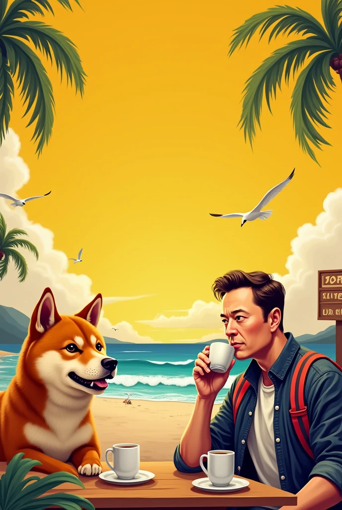 create an image of doge coin doge along with a portrait of Elonmusk taking tea , yellow background with a far away beach side wide angle view, scene should be colorful and bright, in background a signboard mentioning word DCR ;