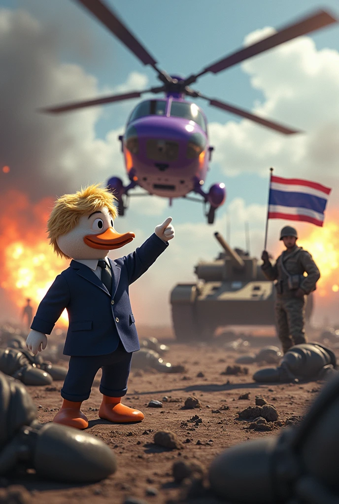 Purple helicopter shooting machine gun at the tank, battlefield background, dead soldiers on the ground, mafia duck with soft fur skin wearing a suit and pants and shoes with hairstyle of donald trump standing on ground pointing finger forward, one soldier holding thailand flag behind