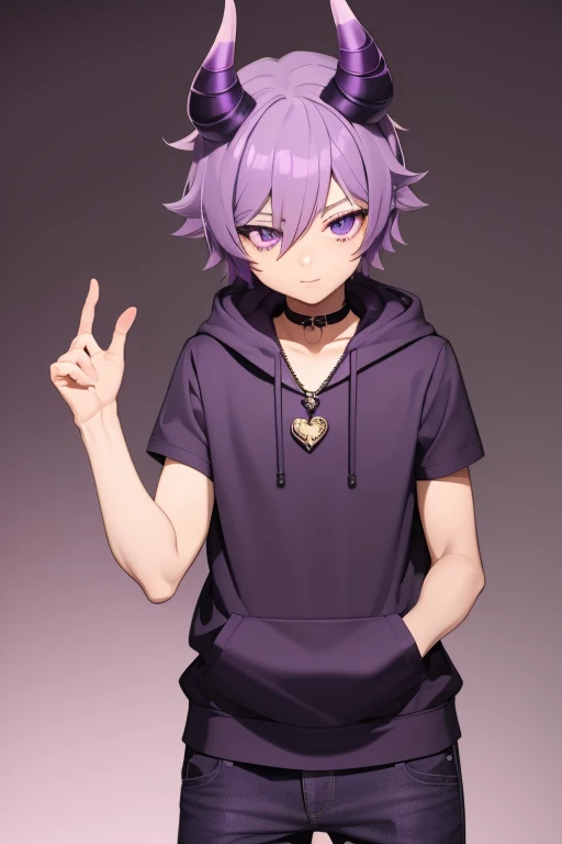 1boy,femboy, incubus tail and horns,hair over eyes, light brown skin, purple hair, gray eyes, very shy, too naughty, clothes: necklace, purple hoodie, black jeans,