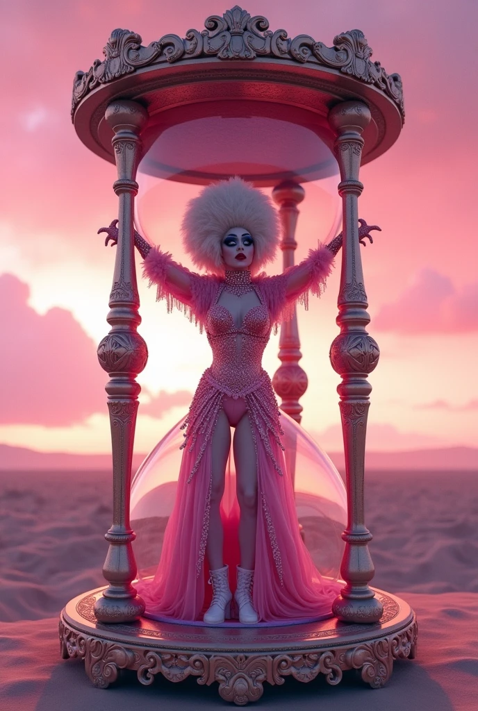 An overweight drag queen inside an hourglass on a distant planet with a pink sky