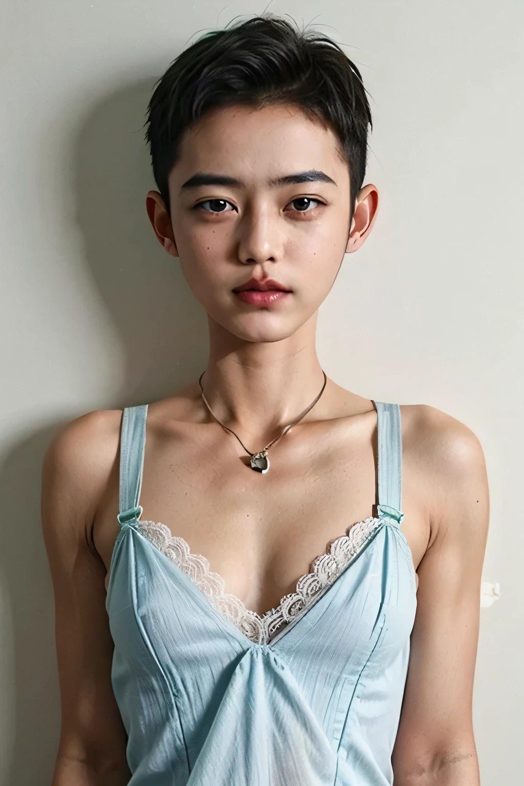 ((NECKLACE NECK LACE)), Spread, ((SLEEPING LIE DOWN FEMBOY)), (((SAD FACE EXPRESSION:1.1)), ((NECK LACE)), ((GOTHIC EYELASHES & LIPS)), ((LIPS)), ((MEN'S STYLE SHORTHAIRCUT)), adorable, 1 girl, (face to face), , baby face, happy, half body portrait, (face details: 1), (eye details: 1), ((tiny breasts)). ((Lace V-neck ice silk suspender nightdress)), ((net stockings)), lingerie ((red lips)), lie down (((LIGHT GREEN NAKED)))