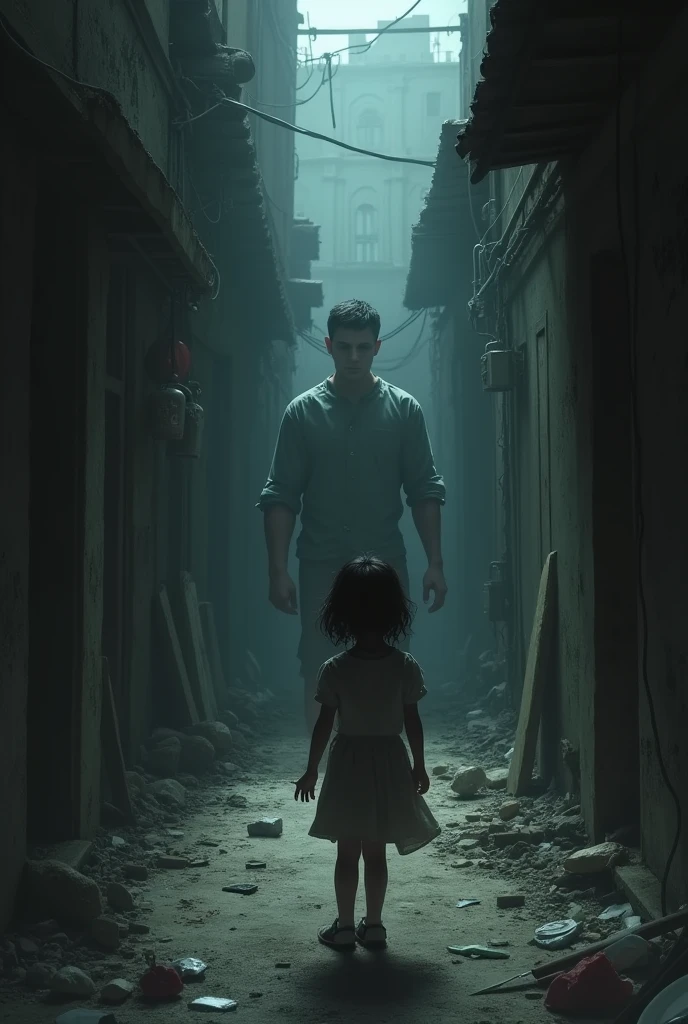 Create an image where a person is murdered and his 6 year old daughter is standing at a distance and watching them and is sad.