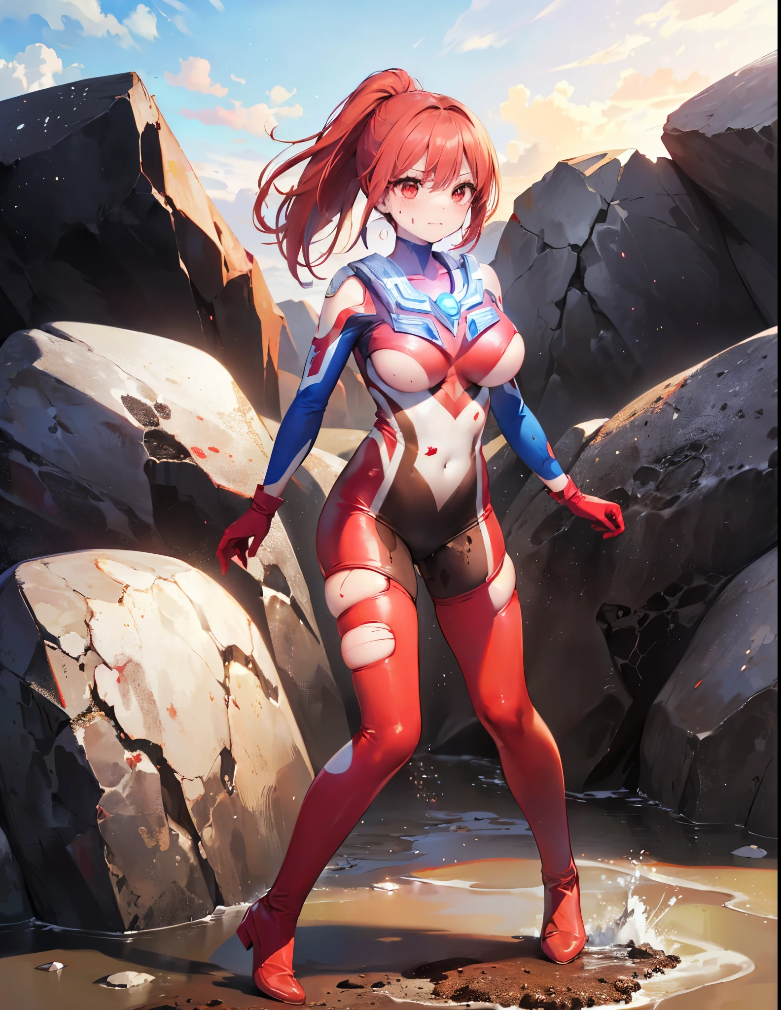 (Close-up:1.2),Realistic,Highest quality, Ultra Detail, High-quality CG rendering, The most delicate and beautiful, Floating softly, High resolution, (One huge person), (Highest quality,4K,8k,masterpiece:1.2),(All red hair:1.5), (ponytail:1.5),(Red eyes:1.5), (Ultra Girl:1.0), (All red Ultraman bodysuit:1.4),(Do not expose your skin:1.6),(Slightly larger breasts:1.5),(Red gloves:1.3),(Red Shoes:1.3),(whole body:1.3),(Are standing:1.3),(Plain surrounded by rocks:1.3),(Brown sandy ground:1.3),(sweating:1.3),(Wounded:1.3),(Brown mud stains:1.3),(front:1.4)