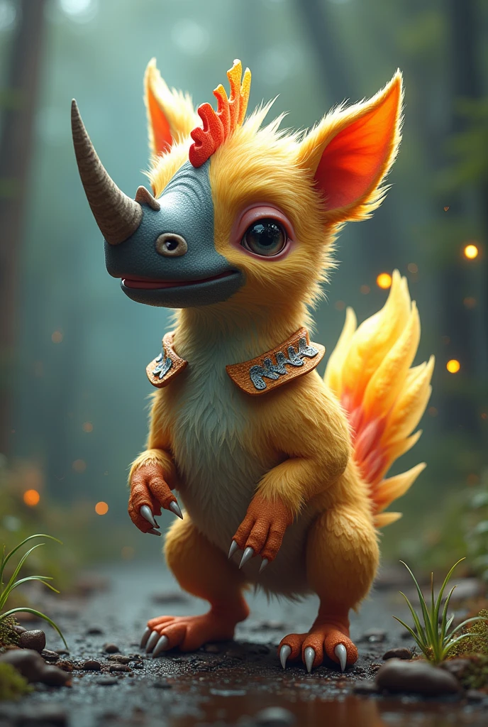 A mythical creature made of chicken, Parrot, kitty, rhinoceros and chihuahua 