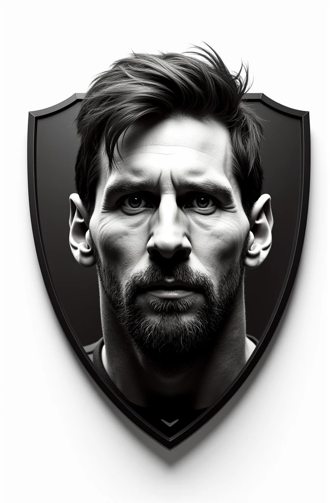 a soccer shield, with Messi's face on it and a white background
