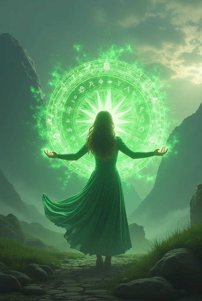 It's a powerful spell that creates a magical barrier to protect., A woman using green magic to summon a magical shield perfect for the fantasy world.