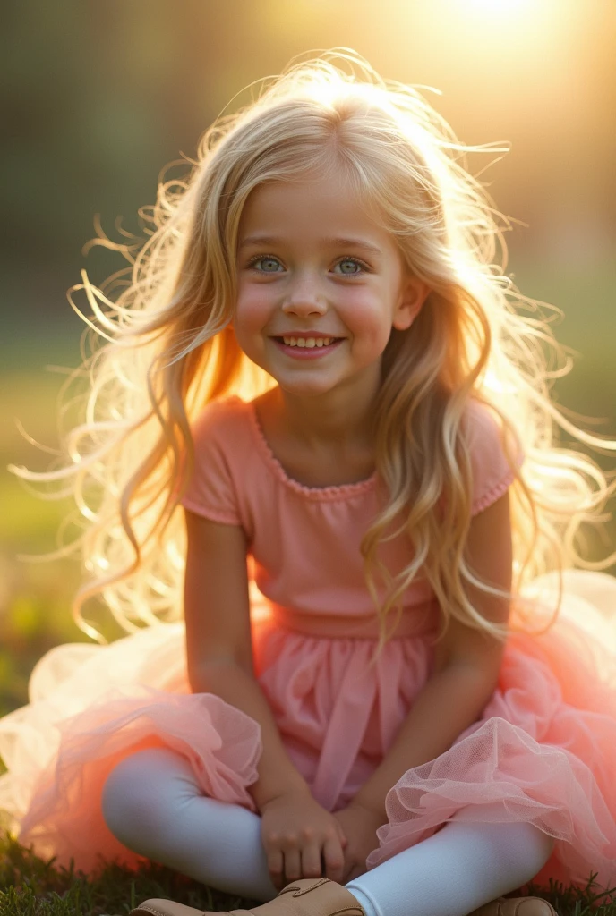 A 5-year-old blonde girl with light blue eyes, wearing a pink tulle dress, white tights, and light brown boots, illuminated by the sunlight.