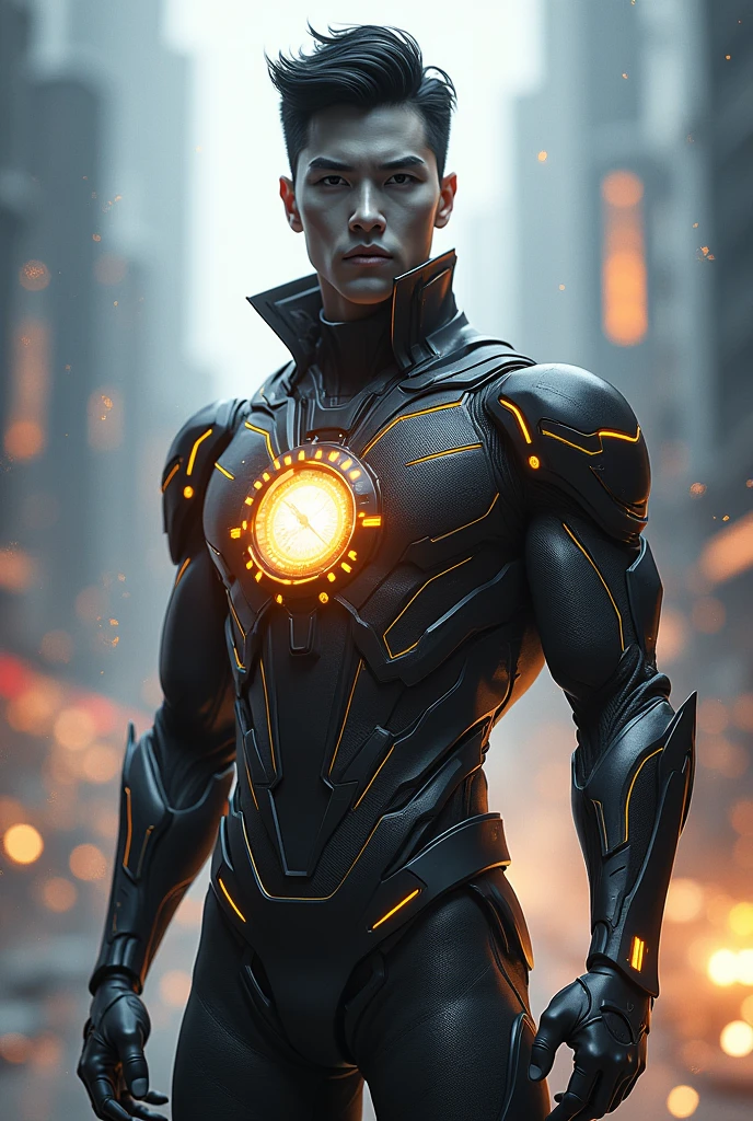 Make a humanoid with gray color and black hair, that has a superhero style suit that controls time