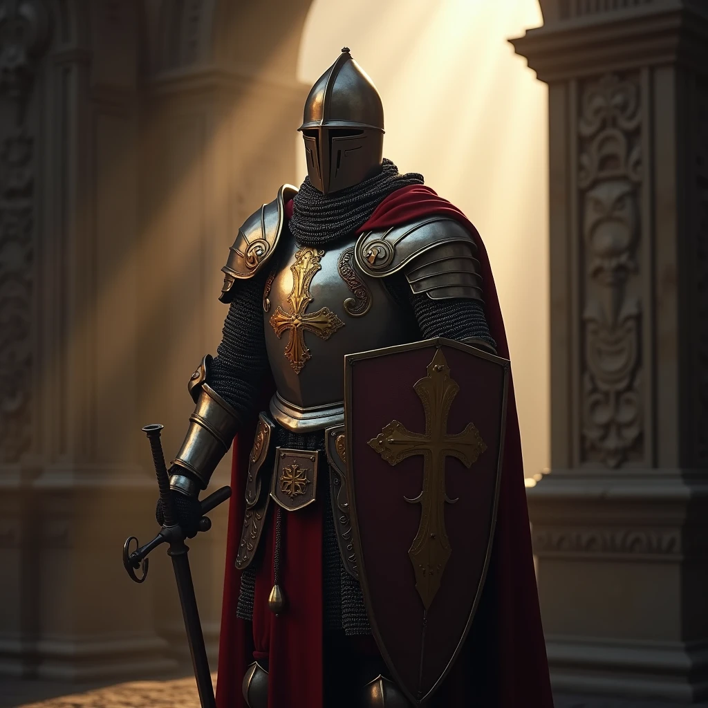 Templar knight in full armor with shield, Very detailed, 8k, Global Illumination, Wide-angle, God's Rays,Full Body Shot.