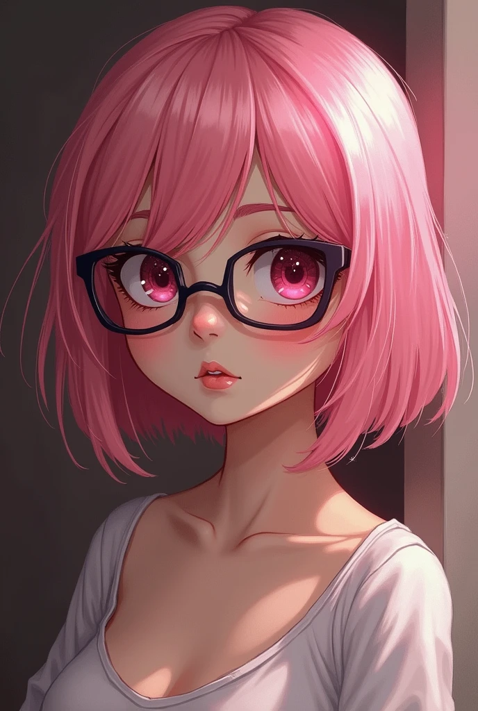 who is 13 years old height 1.49 pink hair black glasses pink eyes an extremely blushing naked and she is an extremely shy girl that it is her first time that she is a virgin she is going to be the love his penis entering her vagina