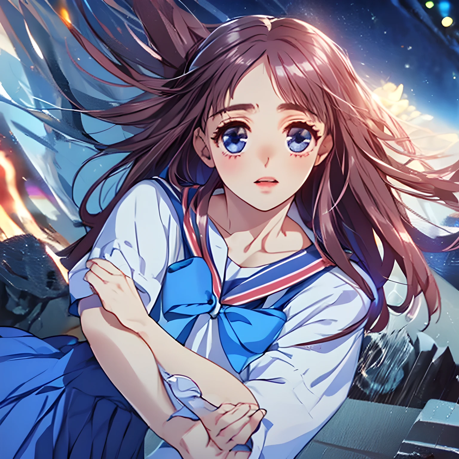 (masterpiece, Highest quality: 1.2), (Very beautiful fantasy digital artwork: 1.0), (A smiling wearing a sailor uniform, Glossy lips, Beautiful white hands and feet: 1.0), (Beautiful glossy pink super long hair, Trimmed bangs), (Navy blue sailor dress, Navy blue collar of sailor suit, dark blue jacket, Dark blue sleeves, A long, navy blue pleated skirt, crimson scarf, Dark brown loafers:1.2), (Large cute blue eyes as beautiful as Venus with cutely detailed: 1.6), (She Looking at me and laughing at me, because inevitable to stop loving her: 1.2)