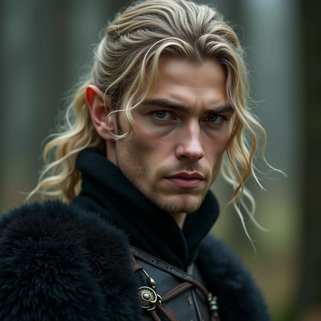 Make the IMAGE MORE REALISTIC in a very REALISTIC fantasy style of a very charming ELVEN male. , stark, Caucasian skin, dark blonde wavy hair, black eyes in war clothes 