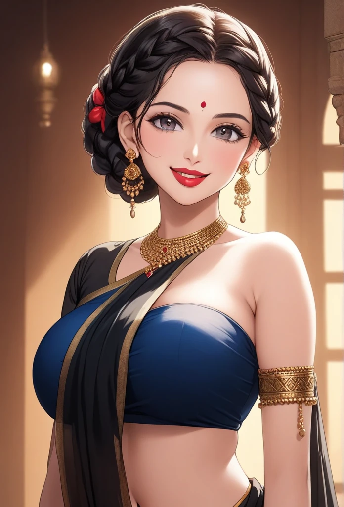 ((1woman, mature,single hair braid, black saree, big long  jhumka earrings , detailed alluring eyes, smooth detailed lips, beautiful face, smiling ,red lipstick ,navel,bangles,blue ribbon, sagging breasts 