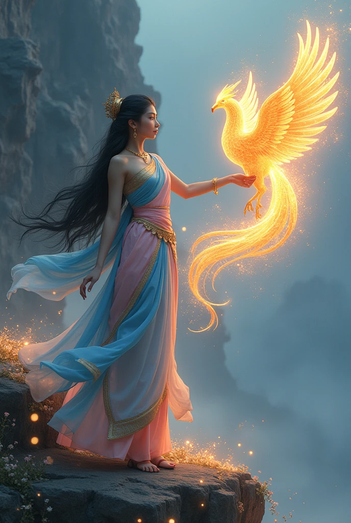 full lenght a Full-body image of a beautiful young woman, wearing a light blue Dusit Thai dress, a pink sarong with gold trim, a light blue silk shawl over her shoulders, long flowing black hair, a flying crown tied loosely. She extends her right arm and there is a majestic phoenix from digital ashes in a blaze of holographic flames. The corner of a steep cliff is surrounded by small flowers, beautiful, glowing and shimmering. 3D image, oil painting, sharp image. Artistic image of Ajarn Chalermchai.