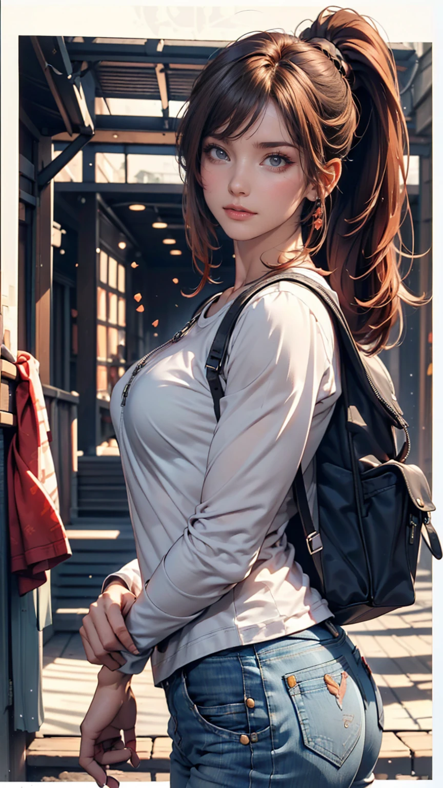 (draw) ((masterpiece, Highest quality)) (Character design sheet, same characters, front, ~ side, return, There are words written all around) Woman with long hair, Redhead with ponytail hairstyle, Brown eyes, Wearing a bulletproof vest, Zippered long sleeve T-shirt, White shirt and jeans, returnpack, Stand and relax