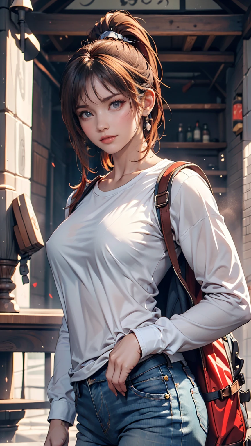 (draw) ((masterpiece, Highest quality)) (Character design sheet, same characters, front, ~ side, return, There are words written all around) Woman with long hair, Redhead with ponytail hairstyle, Brown eyes, Wearing a bulletproof vest, Zippered long sleeve T-shirt, White shirt and jeans, returnpack, Stand and relax