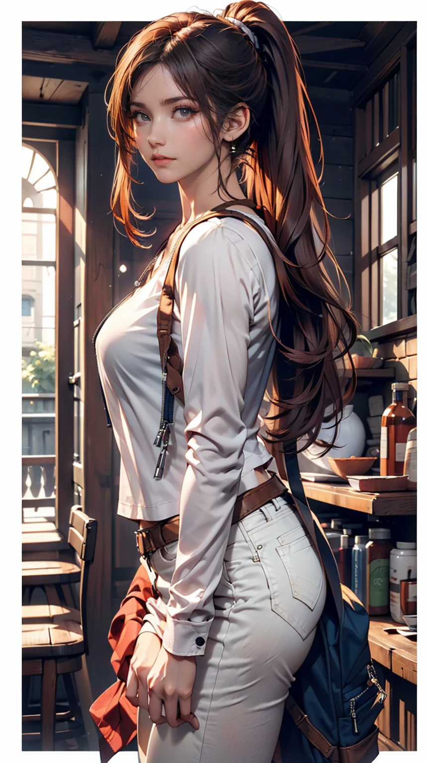 (draw) ((masterpiece, Highest quality)) (Character design sheet, same characters, front, ~ side, return, There are words written all around) Woman with long hair, Redhead with ponytail hairstyle, Brown eyes, Wearing a bulletproof vest, Zippered long sleeve T-shirt, White shirt and jeans, returnpack, Stand and relax
