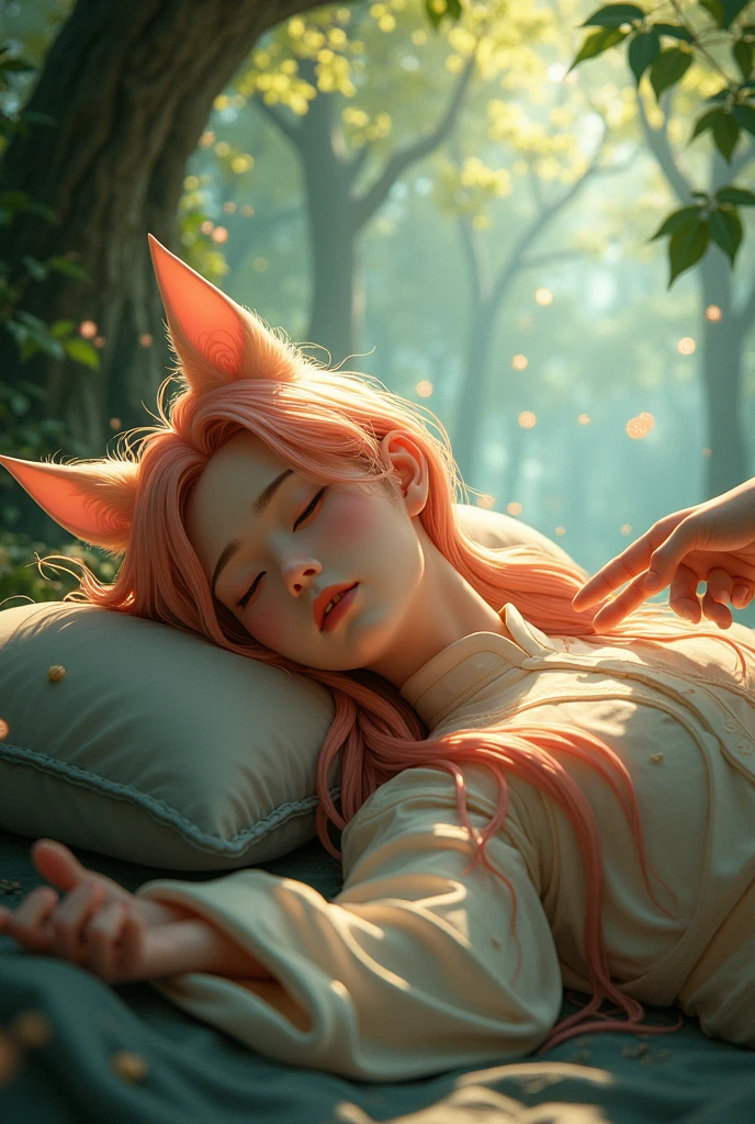 young guy with long peach colored hair with fox ears in Chinese clothes sleeps under the tree in magical forest someone's hand scratches his ear realism