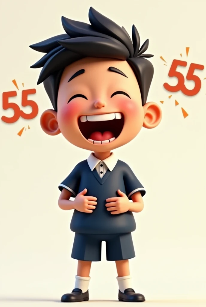 A cartoon boy wearing a dark blue short-sleeved school uniform, dark blue shorts, is laughing very hard, holding his stomach with his hands, and the letter 555 is coming out. Three-dimensional, looking straight ahead.