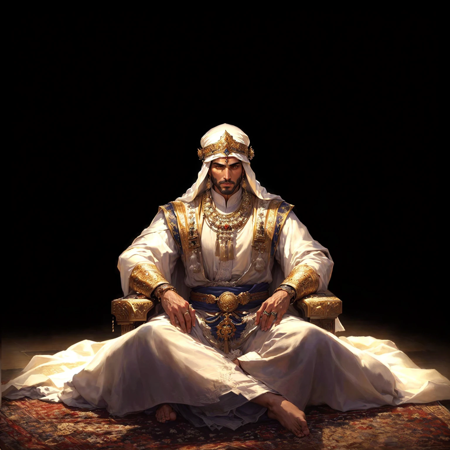 A man in a white robe sits on a rug., Bedouin portrait&d, handsome prince of persia, ancient kings in white robes, portrait of the emperor of mankind, Arab, Arab samurai, Sitting on his throne, author：Eddie Mendoza, author：Daniel Jungren, Epic and beautiful character art, Emil, author Ahmed Karahisari