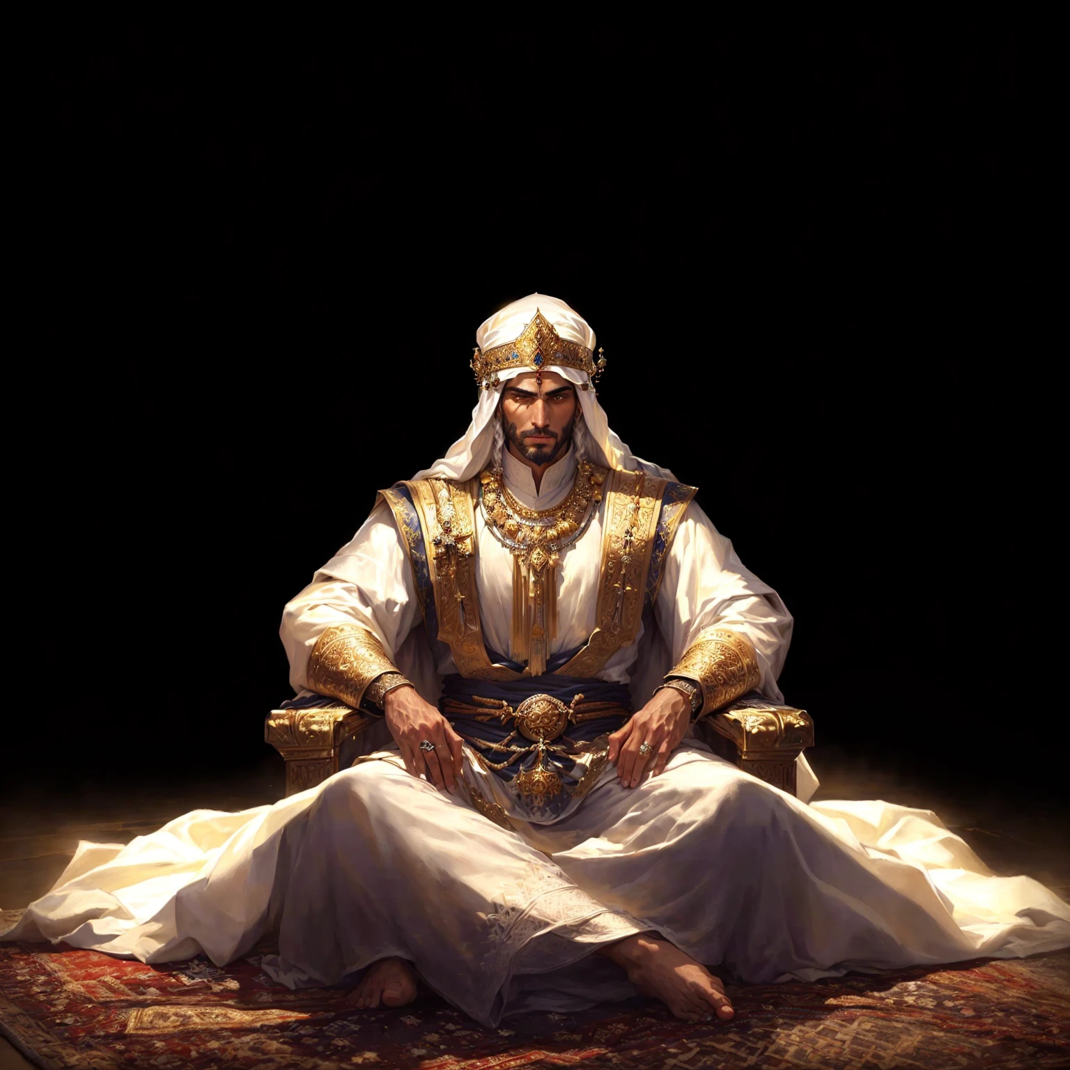 A man in a white robe sits on a rug., Bedouin portrait&d, handsome prince of persia, ancient kings in white robes, portrait of the emperor of mankind, Arab, Arab samurai, Sitting on his throne, author：Eddie Mendoza, author：Daniel Jungren, Epic and beautiful character art, Emil, author Ahmed Karahisari