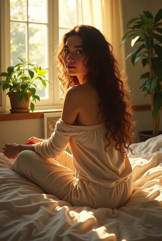 (photorealism:1.2), beautiful woman, sitting on bed, wearing loose off-shoulder top, pajama pants, long curly hair, indoors, soft lighting, plants in background, window with sunlight, cozy room, relaxed pose, realistic, intricate details, warm colors, by Greg Rutkowski, by Alphonse Mucha