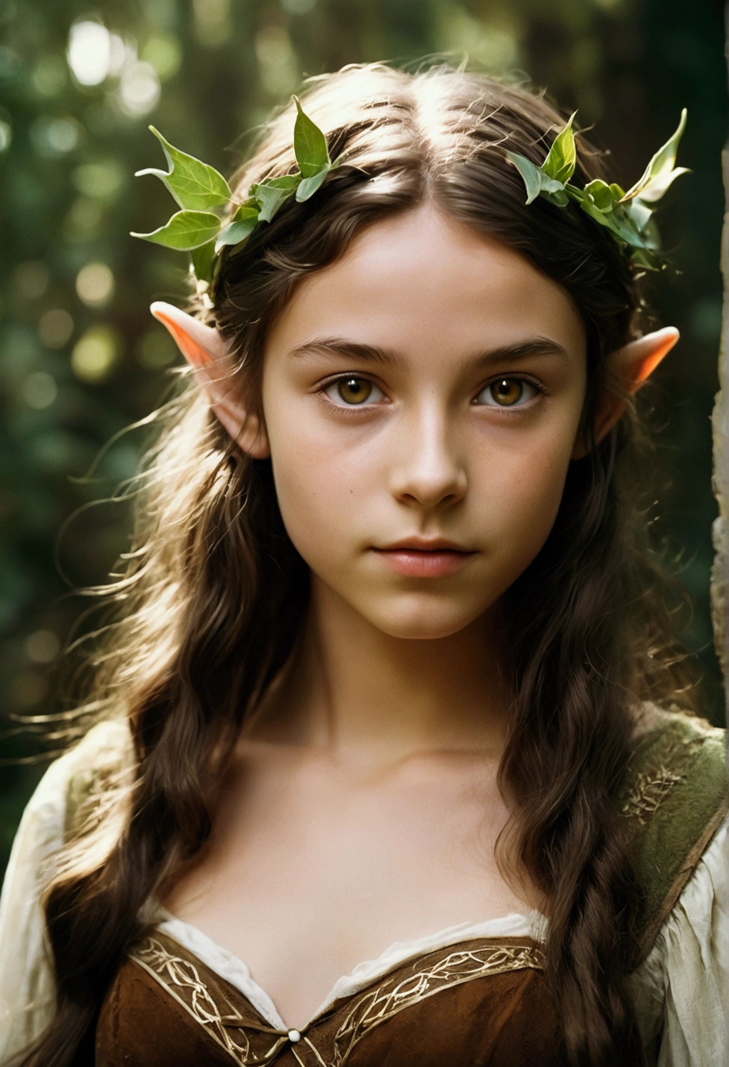 analog film photo, photo of a young elven girl, 18 years old, elf ears, amber eyes, dark brown hair, long messy waves, sun-tanned complexion, olive skintone, slender hourglass figure, narrow waist, full hips, plump buttocks, wearing elven lingerie, resembles Mackenzie Foy, strolling through a fantasy landscape, RAW Photograph, dslr, soft lighting, high quality, film grain, Fujifilm XT3, detailed skin with visible pores, insane details, masterpiece, 8k, 35mm photograph, dslr, kodachrome, faded film, desaturated, grainy, vintage, Lomography, stained, highly detailed, found footage, close-up shot, elven ears
