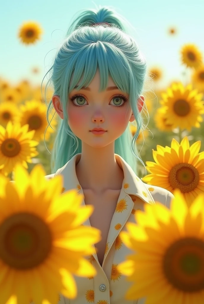 (masterpiece), (Highest quality), (Super detailed),(Disheveled Hair),(figure), (one person), (Fashionable clothes), Are standing, Fashion Model, smile、shy smile、View your viewers, (interview), (Simple Background),single eyelid、Beautiful attention to detail, Delicate and beautiful face, floating,(High saturation),(Colorful splashes),Vast sunflower fields,(The Shining), Lots of yellow sunflowers、Focus on the face, ponytail, kamisato ayaka, Light blue hair, bangs, Hair Ring, Floating Flowers, Floating hair, (The Shining), Best lighting, Best Shadow,Bold Pose,Wink