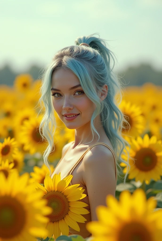 (masterpiece), (Highest quality), (Super detailed),(Disheveled Hair),(figure), (one person), (Fashionable clothes), Are standing, Fashion Model, smile、shy smile、View your viewers, (interview), (Simple Background),single eyelid、Beautiful attention to detail, Delicate and beautiful face, floating,(High saturation),(Colorful splashes),Vast sunflower fields,(The Shining), Lots of yellow sunflowers、Focus on the face,  ponytail, kamisato ayaka, Light blue hair, bangs, Hair Ring, Floating Flowers, Floating hair, (The Shining), Best lighting, Best Shadow,Bold Pose,Wink