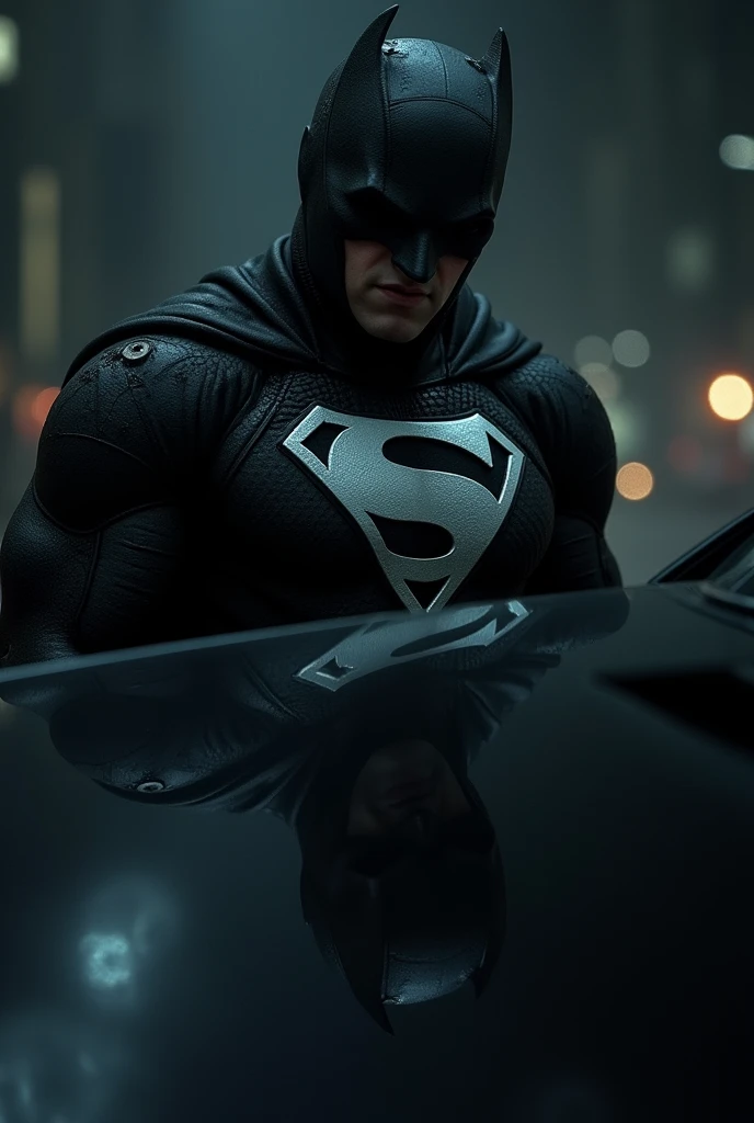 A dark screen, but reflected in a car, a superhero is seen, injured, wearing a black suit with a white 'S' on his chest. He says, 'I am Sida Man, I always come back.'