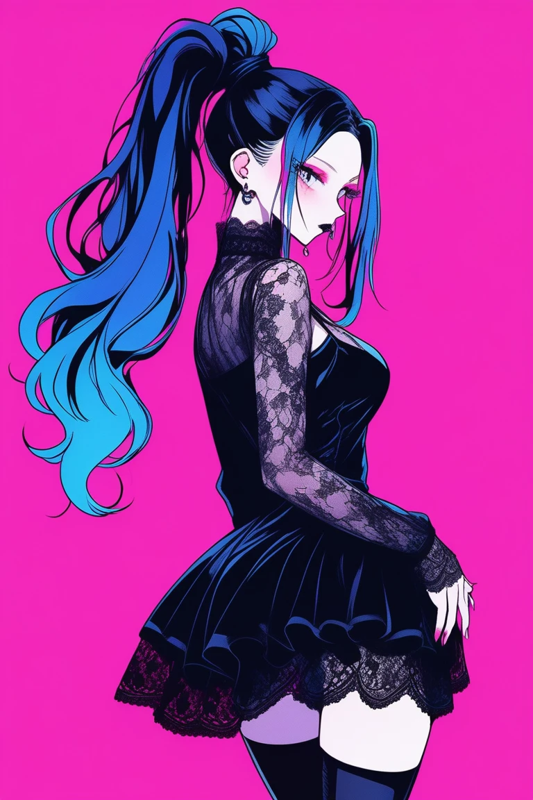 Illustrator, anime , Realistic ,sketch , 1 person, model, lip, A sheer gothic black mini dress with lots of lace.., order, Blue and pink gradient background, Neon-colored ponytail, Big Breasts, whole body, look back, Sexy look, Sexy pose, Texture Trim, Russia, (masterpiece,Highest quality)