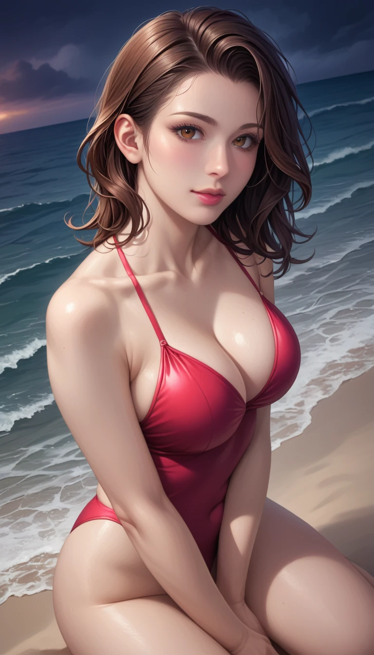 score_9, score_8_superior, score_7_superior, High-resolution CG illustration,A masterpiece in 32K resolution,Highest quality,it is really amazing,Very detailed,Ultra-high resolution,Ultra-realistic,Realistic,Increased depth of field,Cinematic lighting,
Sexy mature Japan woman,
Black medium hair,Ultra-detailed and beautiful face,Calm and gentle look,Beautiful brown eyes,Translucent white skin,Realistic skin texture,Great proportions,
Elegant red swimsuit,
Simple design,Chic color scheme based on red,Detailed fabric texture,
(Dark overcast sky on a dull night:1.1),(Dark clouds filling the sky:1.1),Thundercloud,Coastline at night,Stormy seas,delay々A desolate sandy beach that continues,
Kneeling on the sand,High angle,