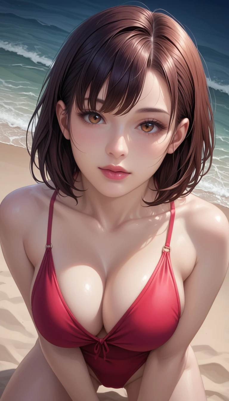 score_9, score_8_superior, score_7_superior, High-resolution CG illustration,A masterpiece in 32K resolution,Highest quality,it is really amazing,Very detailed,Ultra-high resolution,Ultra-realistic,Realistic,Increased depth of field,Cinematic lighting,
Sexy mature Japan woman,
Black medium hair,Ultra-detailed and beautiful face,Calm and gentle look,Beautiful brown eyes,Translucent white skin,Realistic skin texture,Great proportions,
Elegant red swimsuit,
Simple design,Chic color scheme based on red,Detailed fabric texture,
(Dark overcast sky on a dull night:1.1),(Dark clouds filling the sky:1.1),Thundercloud,Coastline at night,Stormy seas,delay々A desolate sandy beach that continues,
Kneeling on the sand,High angle,