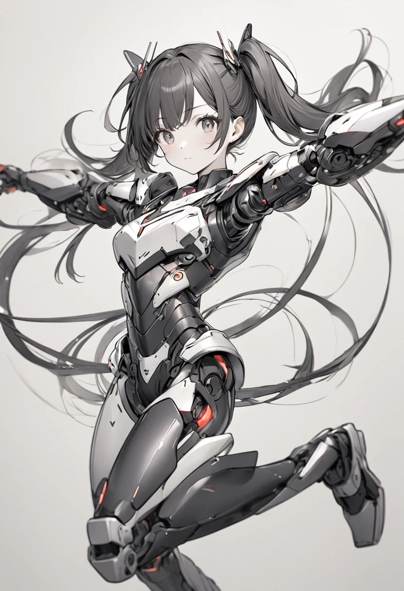 Portrait drawing of one girl,Drawing with black pencil,Pencil line drawing, pencil blur effect,The girl has beautiful twin-tails and a mechanical barrette.The girl is wearing flashy robot armor,Robot Armor Stylish robot armor that covers the whole body,The girl is jumping in a dynamic pose,