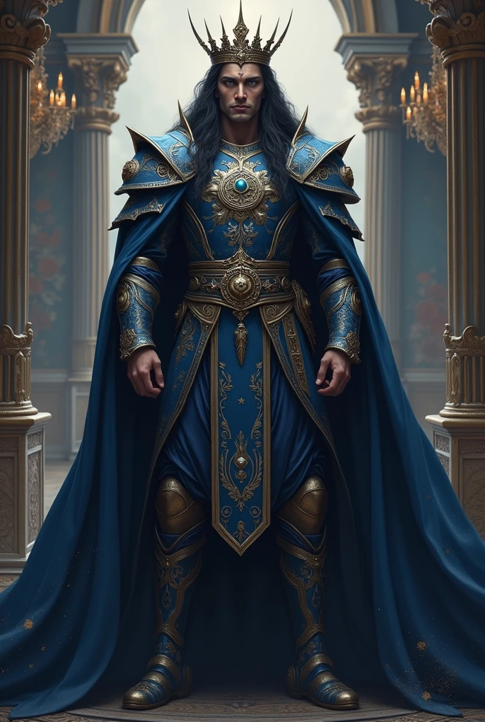 Make a King, with long black hair, with blue eyes and clothes that reference the moon
