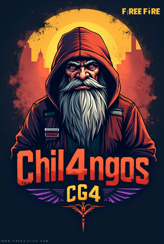 Make a free fire style logo that is a cahaliko with an old man&#39;s beard and that says chil4ngos and below some initials that say CG4
