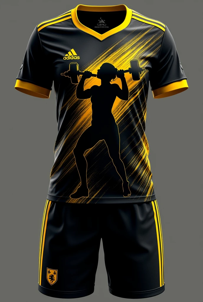 For a black women's soccer uniform with a design of a muscular man silhouette in profile lifting dumbbells, vectorized in black tones with yellow simulating rays coming out of his body throughout the jersey, you could consider the following:
shirt:
Color Base: negro.
design: A design on one side of the shirt with a silhouette of a muscular man lifting weights vectorized in yellow and black tones, perhaps with a graphic style
Shorts: negro con amarillo
Color Base: negro.
Details: They could have small accents in yellow to complement the design of the shirt.
socks: