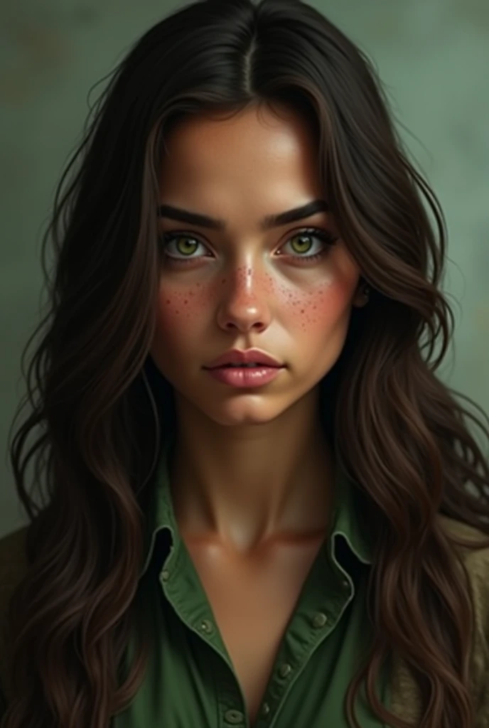 25 year old girl, Her long hair is dark brown and her eyes are green, Her skin is brown, square face, His expression is serious and cold, His clothes are in shades of green and brown. front view
