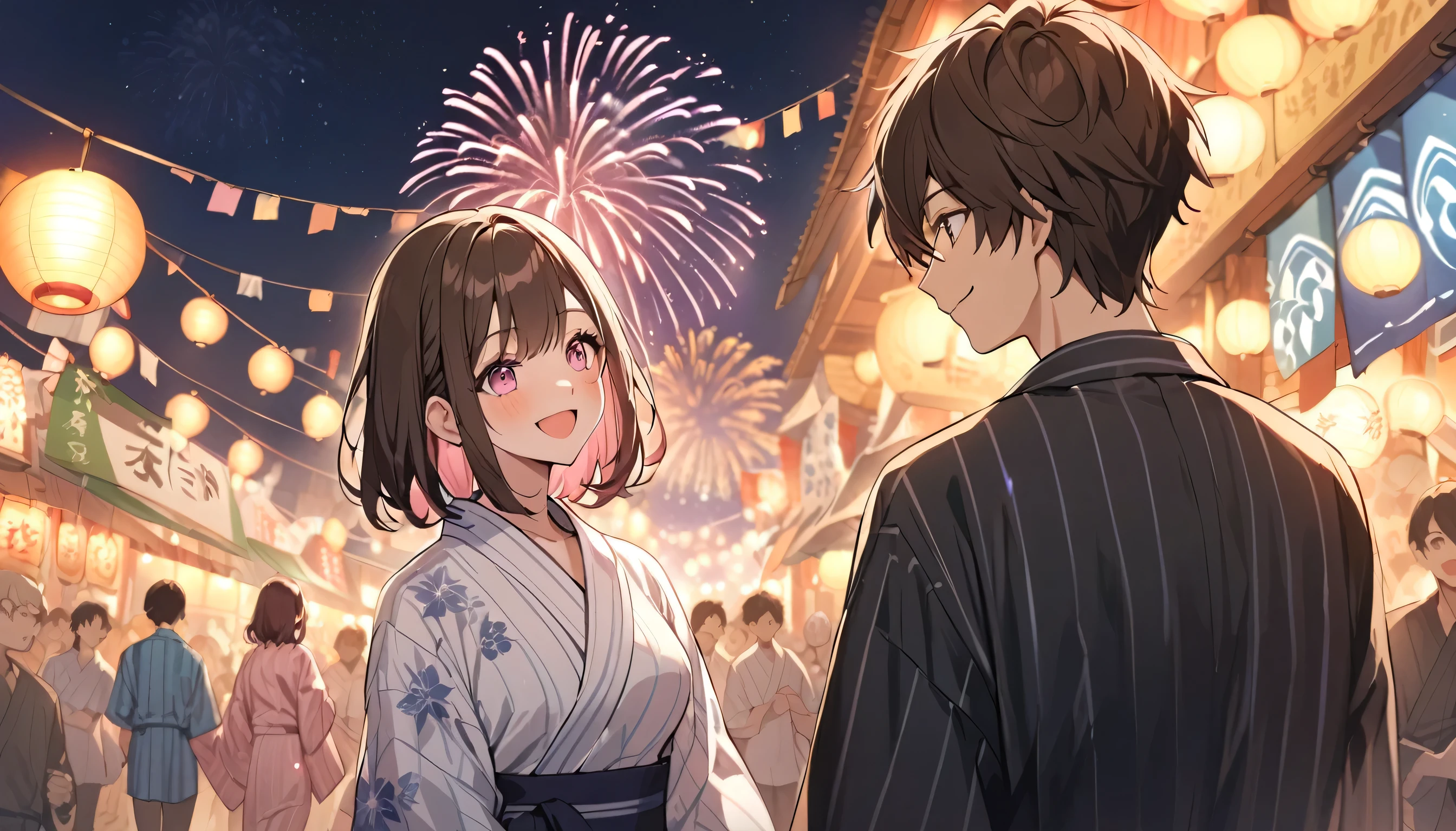 good looking, 2 high school students,Date,Medium Hair, Dark brown hair, Pink highlights on the tip, Pale pink eyes,Smile Facial,yukata,Fireworks in the night sky,festival,Meeting