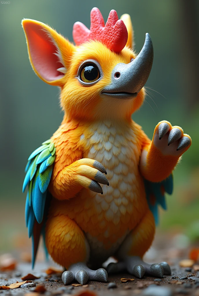 A mythical creature made of chicken, Parrot, kitty, rhinoceros and chihuahua 