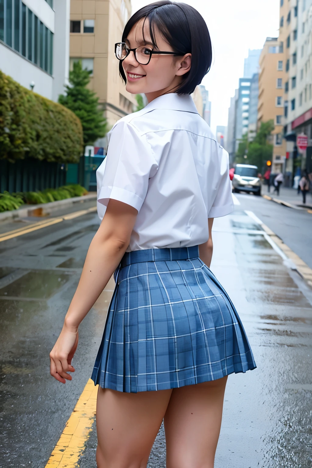 ((Highest quality)), ((masterpiece)), (detailed), One person,Perfect skeleton,Small hands,Long limbs,Wearing rimless glasses,Short Hair,Looks about ,cute,a white short-sleeved uniform,She is wearing a tie,a blue and white striped bra with a gingham check mini skirt.,In the city where it rains,Very small breasts,Flat Chest,Wearing a wet, clingy uniform,Look back from behind,Smiling shyly,The uniform is soaked through and transparent.