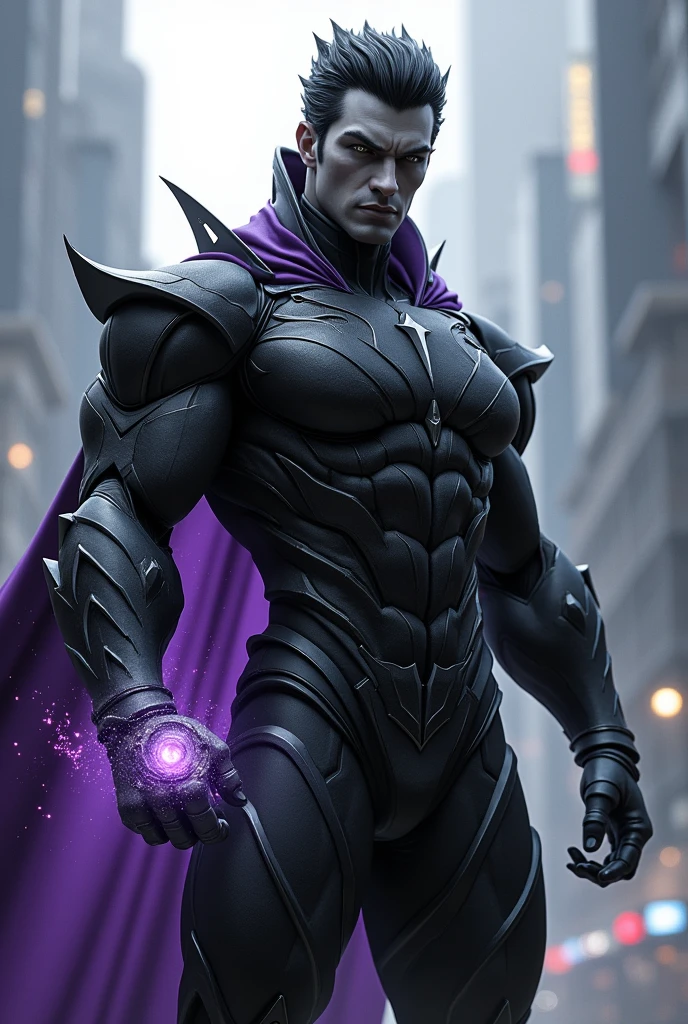 Make a humanoid with gray color and black hair, that has a superhero style suit that controls time , with black color, a little purple and in the hand has a watch
