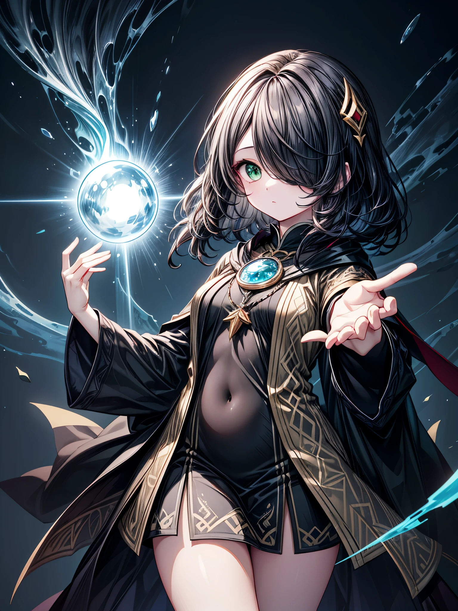 With green eyes、Has long black hair,((magic wizard))she has a round body shape。((hair over one eye,long)),micro mini dress