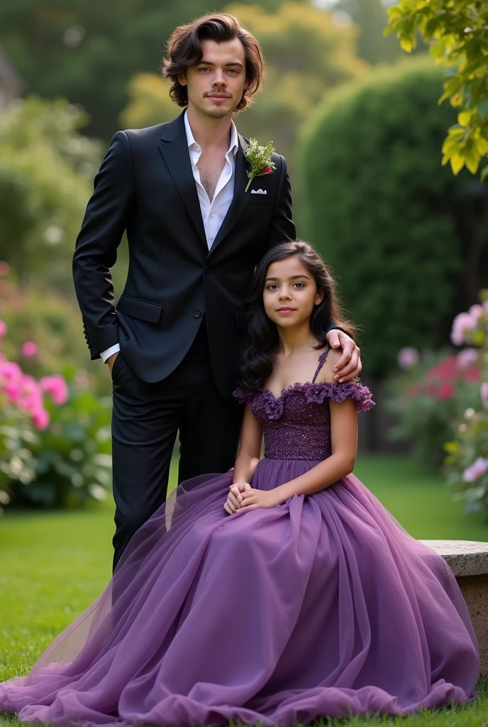 Harry Styles with his ager daughter standing in the middle of garden for a photoshoot. He wears a black suit and his daughter wears a beautiful purple dress. His daughter has black hair, blue Eyes and dimples smilelike him, pale white skin. She was er. His sitting and his hand places on her shoulder. Harry Styles look like 20s face but actually his already 30s older.