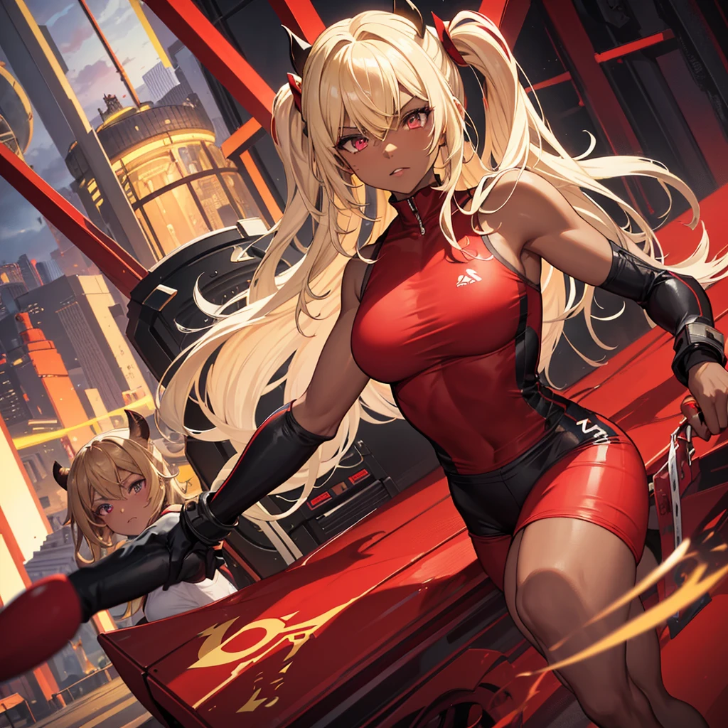 athletic woman, brown skin color, blonde hair, crimson eyes, with black horns, dressed in red sports clothing, has an arrogant look, has a reddish aura surrounding her, located in a futuristic coliseum