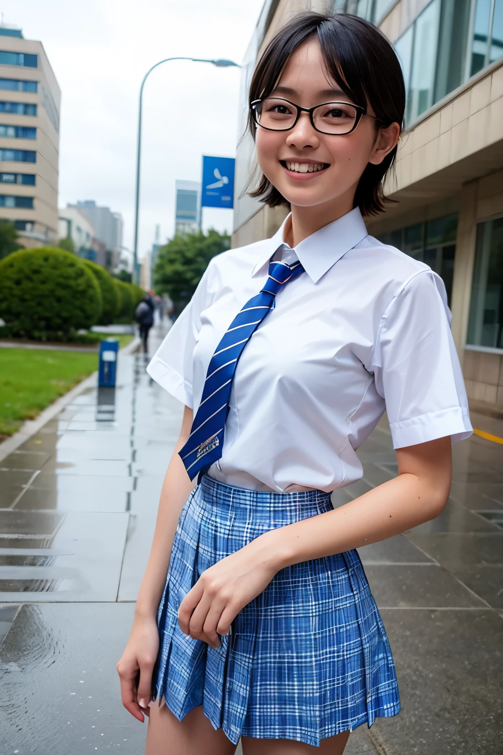 ((Highest quality)), ((masterpiece)), (detailed), One person,Perfect skeleton,Small hands,Long limbs,Wearing rimless glasses,Short Hair,Looks about 15 years old,cute,a white short-sleeved uniform,She is wearing a tie,a blue and white striped bra with a gingham check mini skirt.,In the city where it rains,Very small breasts,Flat Chest,Wearing a wet, clingy uniform,Look back from behind,Smiling shyly,Her uniform is soaked and sticking to her body, becoming transparent.