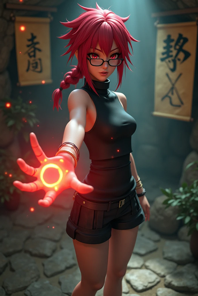 Create a 3D image of a female ninja inspired by Uzumaki Karin. She has bright red hair that is styled messily, with a pair of glasses perched on her nose, emphasizing her sharp, analytical gaze. Her expression is confident, with a hint of mischief, reflecting her intelligence and strong will. She wears a sleeveless, high-collared shirt, dark shorts, and sandals typical of ninja attire. Her hand is outstretched as if sensing or manipulating energy, with faint, glowing red chakra lines flowing around her. The background is a dimly lit, underground lair filled with ancient scrolls and mysterious symbols, giving a sense of her unique abilities. Hands five finger.