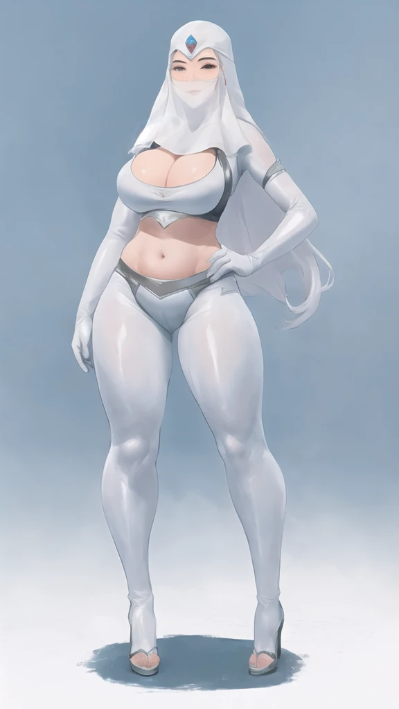 Bowei, (lifelike, high - resolution:1.3) , full body , 1 girl with a perfect body, Super fine face and eyes,long hair, diamond midriff of white colors:1.2, white shiny leggings,face veil, big boob,Expose cleavage, ninja pose, satin gloves.